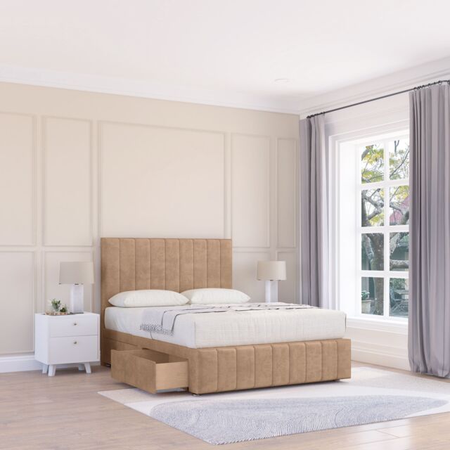 "Sloomy California Divan Bed Base Slate Naples 2 Drawers 12"" Footboard & 26"" Strutted Headboard in Light Beige - Size: Double" - image 1