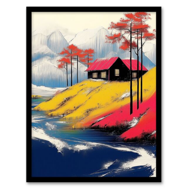 Artery8 Fjord House Rural Winter Landscape Painting Framed Art Print in Yellow - Size: A4 - image 1