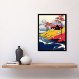 Artery8 Fjord House Rural Winter Landscape Painting Framed Art Print in Yellow - Size: A4 - thumbnail 4