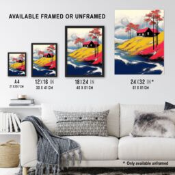 Artery8 Fjord House Rural Winter Landscape Painting Framed Art Print in Yellow - Size: A4 - thumbnail 3