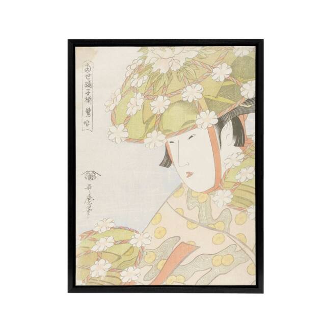 "Artery8 Sagi Musume Heron Maiden Framed Canvas Wall Art Print Utamaro Kitagawa in Green - Size: W12"" x H16""" - image 1