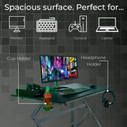 Neo Ergonomic Computer Gaming Office Desk with Headphone Hook in Grey - thumbnail 2