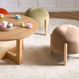 Wyld and Coco Beige Velvet Footstool - Round Pouffe with Wooden Legs