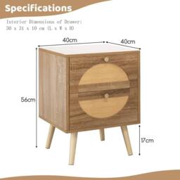 Costway 2Pcs Rattan Nightstand Bohemian Style Side End Table with 2 Drawers in Brown - thumbnail 2