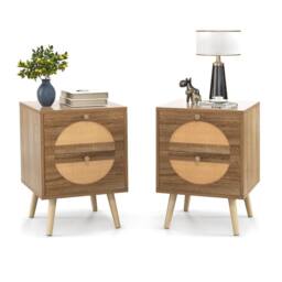 Costway 2Pcs Rattan Nightstand Bohemian Style Side End Table with 2 Drawers in Brown
