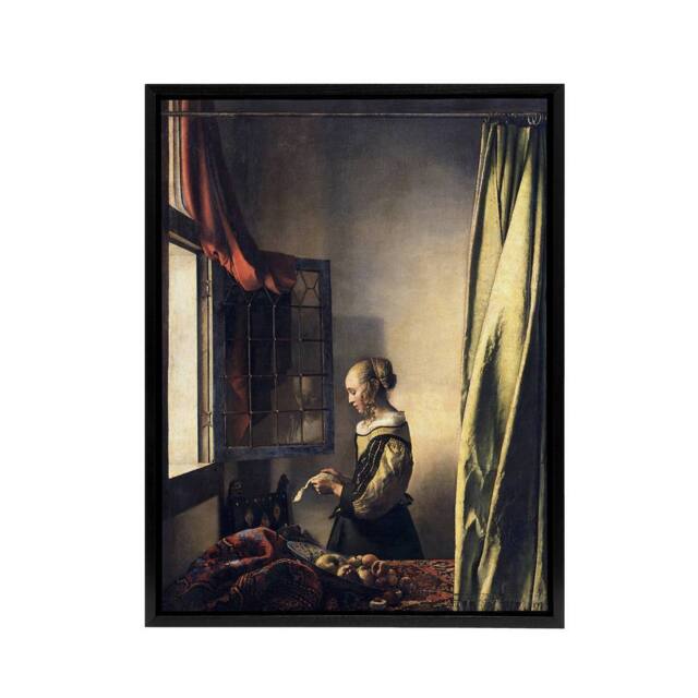 "Artery8 Girl Reading Letter by Open Window Vermeer Black Framed Canvas Art - Size: W12"" x H16""" - image 1