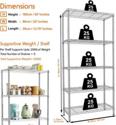 ATEK 5 Tier Metal Wire Shelving Unit for Storage Free Standing Shelves Rack Organizer for Garage, Kitchen, Utility Room or Office in Silver - thumbnail 2
