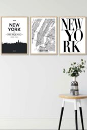ARTZE NEW YORK Skyline Street Map City Prints Framed Wall Art - Medium in Light Oak - Size: W45 cm x H62 cm x D20mm