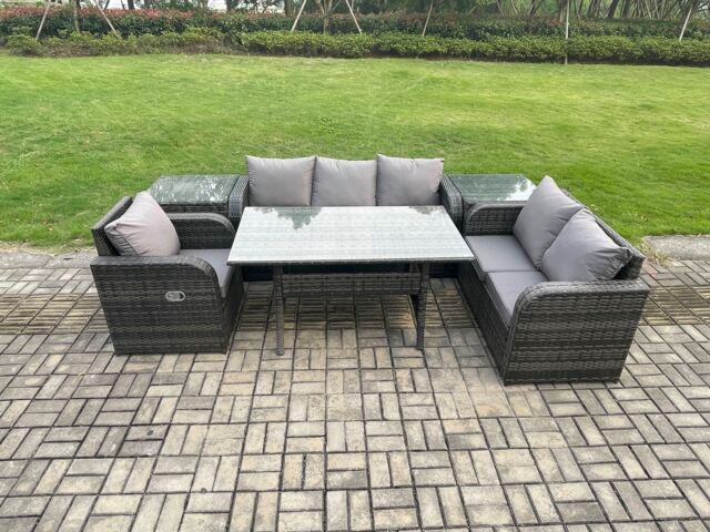 Fimous 6 Piece Rattan Garden Furniture Set with Patio Sofa Rectangular Dining Table 2 Side Table Indoor Conservatory Patio Set in Dark Grey - image 1