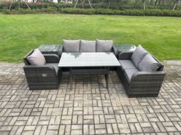 Fimous 6 Piece Rattan Garden Furniture Set with Patio Sofa Rectangular Dining Table 2 Side Table Indoor Conservatory Patio Set in Dark Grey - thumbnail 1