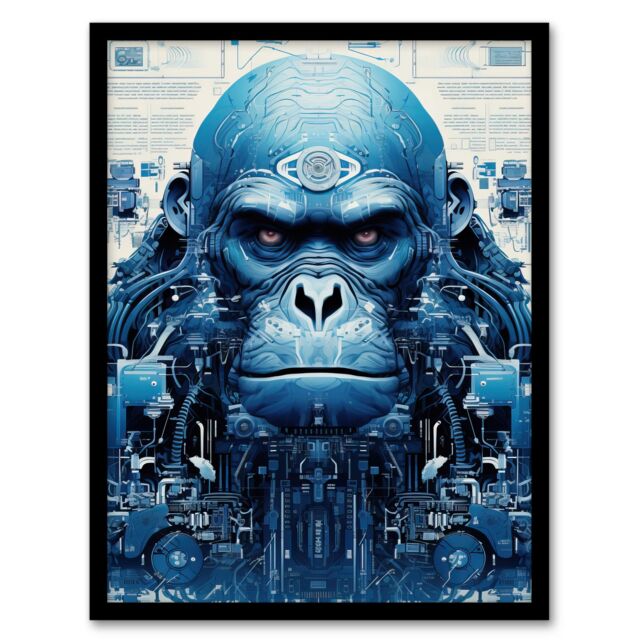 Artery8 Wall Art Print Gorilla Army Robot Hybrid Schematic Blue Futuristic Secret Complex Arcane Manuscript Gift For Him Man Cave Art Framed - image 1