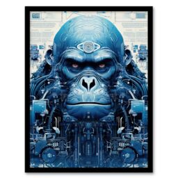 Artery8 Wall Art Print Gorilla Army Robot Hybrid Schematic Blue Futuristic Secret Complex Arcane Manuscript Gift For Him Man Cave Art Framed - thumbnail 1
