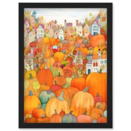 Artery8 Halloween Pumpkin Festival Autumn Harvest Modern Folk Art Watercolour Painting Artwork Framed Wall Art Print A4 in Black - thumbnail 1