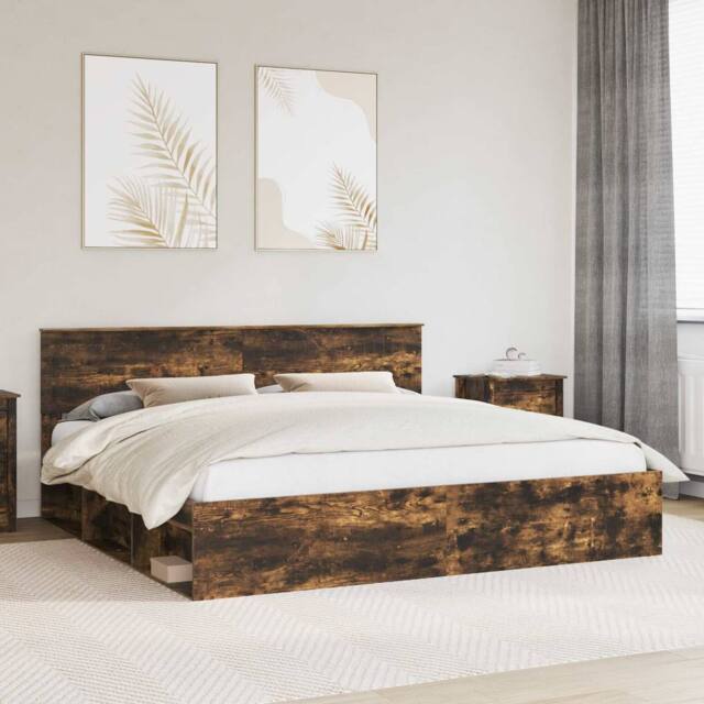 Berkfield Home Bed Frame Smoked Oak 200 x 200 cm Solid Pine Wood in Brown - image 1