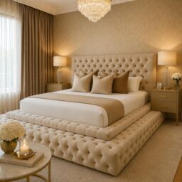 HOB Furniture Royal Emporium Bed, Luxury French Velvet - Hb 122 Cm, Cream - Size: King - thumbnail 2