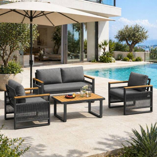 Merax Grey 4 Seater Rope Outdoor Sofa Set with Coffee Table for Garden - image 1