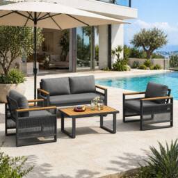 Merax Grey 4 Seater Rope Outdoor Sofa Set with Coffee Table for Garden - thumbnail 1