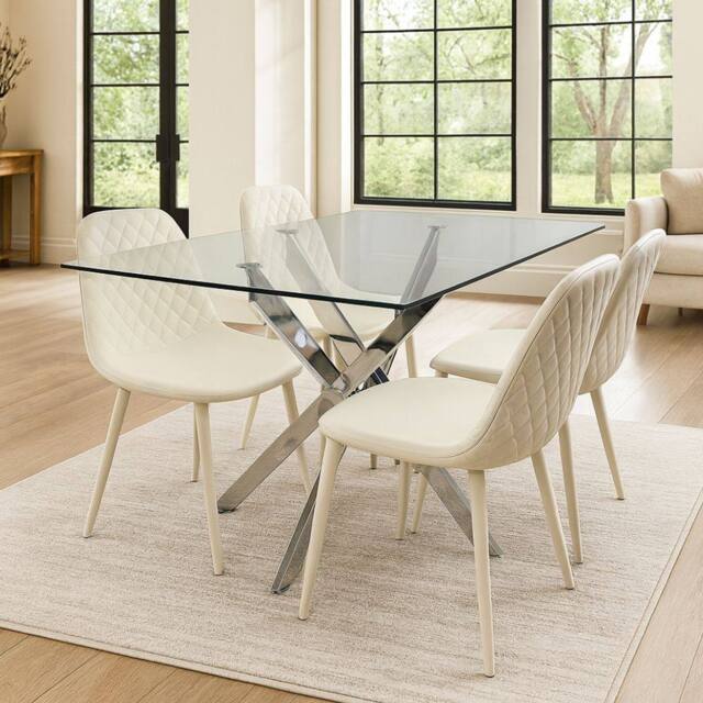 KOSY KOALA Modern Rectangle Glass Dining Table Set With 4 Cream Gem Pattern Chair - image 1