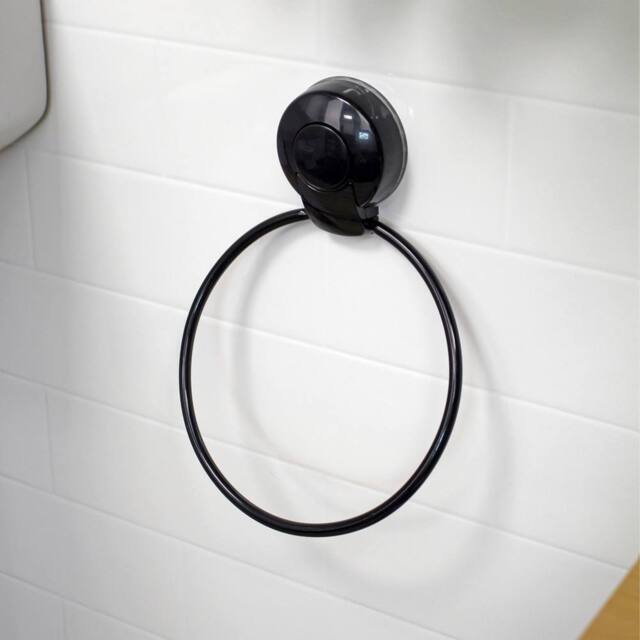 Showerdrape Suctionloc Black Steel Suction Wall Mounted Towel Ring - image 1