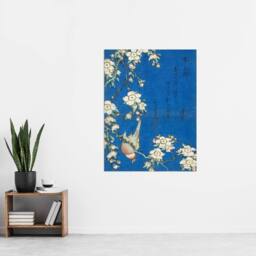"Artery8 Bullfinch Weeping Cherry Blossoms Japanese Wall Art Print Hokusai in Blue - Size: W12"" x H16""" - thumbnail 4
