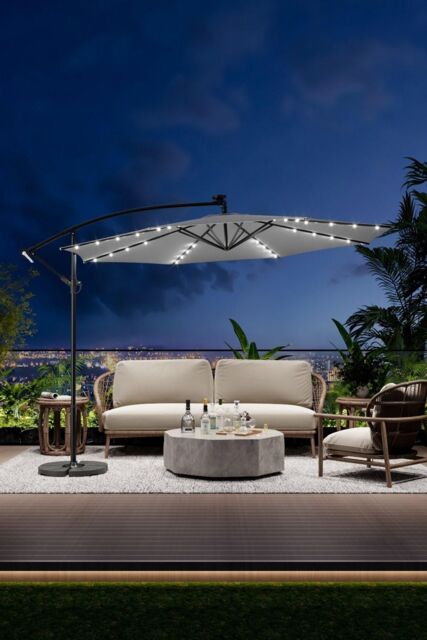 Garden Sanctuary Large 32 LED Lights Cantilever Garden Parasol with Cross Base & Fillable Base in Light Grey - image 1