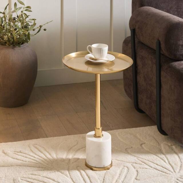 Wyld and Coco Aster Side Table - White Marble Base with Gold-Toned Tray 36 cm in Gold - image 1