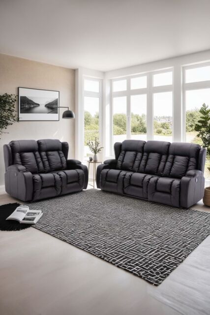 More4Homes Caesar Electric Recliner Bonded Leather 2+3 Seater Sofa Set in Black - image 1