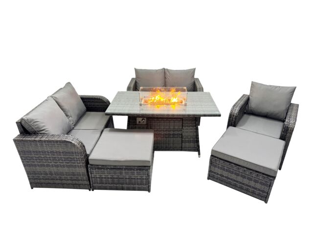 Fimous 7-seater Rattan Garden Furniture Dining Set with 2 Big Stools in Dark Grey - image 1