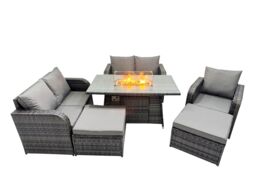 Fimous 7-seater Rattan Garden Furniture Dining Set with 2 Big Stools in Dark Grey - thumbnail 1