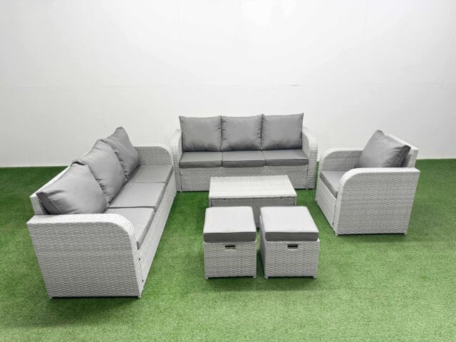 Fimous 9 Seater Poly Rattan Outdoor Garden Furniture Sofa Set Patio 3 Seater Sofa Reclining Chair 3 Seater Sofa Stools Light Grey - image 1