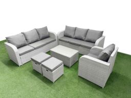 Fimous 9 Seater Poly Rattan Outdoor Garden Furniture Sofa Set Patio 3 Seater Sofa Reclining Chair 3 Seater Sofa Stools Light Grey - thumbnail 2