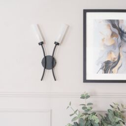 ValueLights Maya Pair of 2 Way Curved Upright Reed Shaded Wall Lights in Black - thumbnail 5