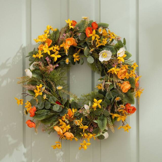 Scottish Everlastings Ltd 60cm Rustic Forsythia/ Poppy Wreath in Yellow - image 1