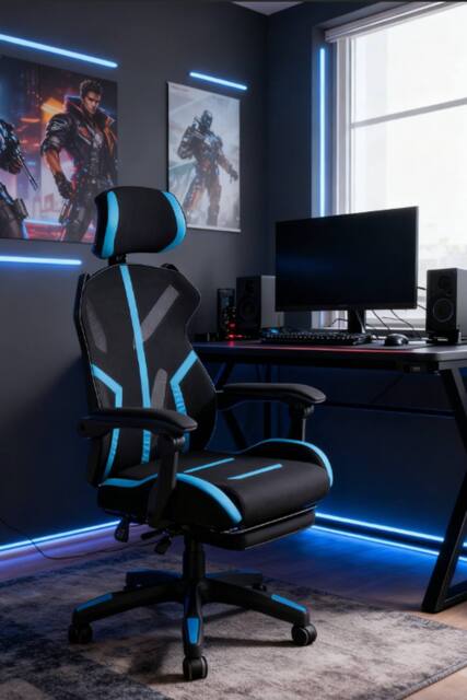 Living and Home Ergonomic High Back Gaming Office Chair with Footrest - Blue & Black - image 1