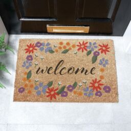Artsy Mats Welcome Floral Border Coir Doormat (60 x 40cm) in Brown - Size: 40 cm x 60 cm - thumbnail 1