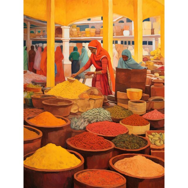 "Artery8 Wall Art Print The Spice Market Asian Herbs & Spices Colourful Kitchen Artwork Poster in Yellow - Size: W12"" x H16""" - image 1