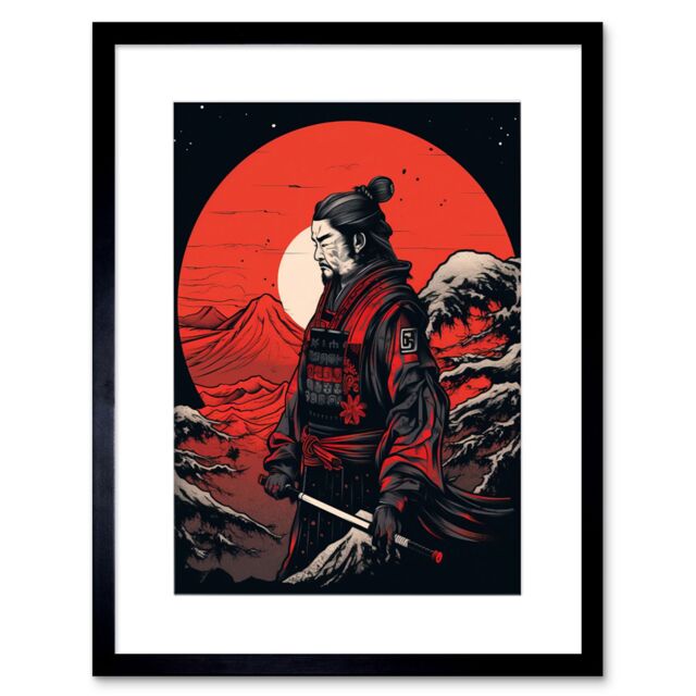 "Artery8 Wall Art Print Samurai Red Circle Sun Landscape Rockabilly Americana 50s Artwork Framed 9X7 Inch in Black - Size: W7"" x H9""" - image 1