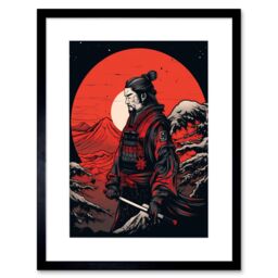 "Artery8 Wall Art Print Samurai Red Circle Sun Landscape Rockabilly Americana 50s Artwork Framed 9X7 Inch in Black - Size: W7"" x H9""" - thumbnail 1