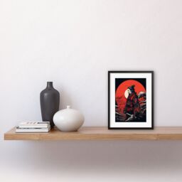 "Artery8 Wall Art Print Samurai Red Circle Sun Landscape Rockabilly Americana 50s Artwork Framed 9X7 Inch in Black - Size: W7"" x H9""" - thumbnail 2