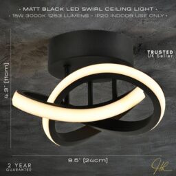 Happy Homewares Modern LED Ceiling Light with Swirl Thick Metal Strip Creates 1253 Lumens in Black - thumbnail 6