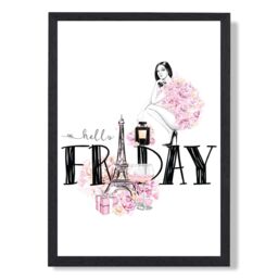 ARTZE Hello Friday Fashion Illustration Quote Framed Print SIZE: A4 with Black Frame in Pink - thumbnail 1
