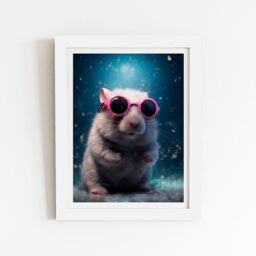 "Warren Reed - Designer Splashart DoorMouse with Pink Glasses Framed Art Print in White - Size: W16"" x H24""" - thumbnail 1