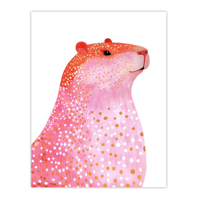 "Artery8 Cute Pink Capybara White Gold Polka Dot Fur Coat Wall Art Print - Size: W24"" x H32""" - image 1