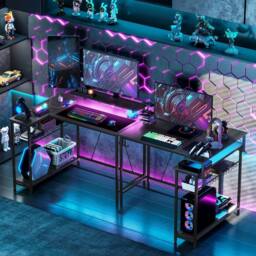 VOGREX L Shaped Desk with LED Lights Reversible Corner in Black - thumbnail 3