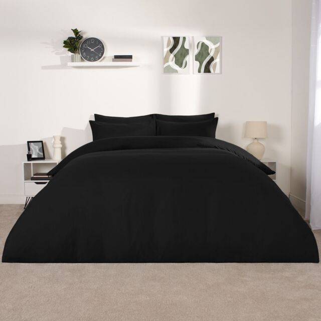 OHS Plain Dyed Duvet Cover Cover with Pillowcase Set in Black - Size: Single - image 1