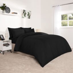 OHS Plain Dyed Duvet Cover Cover with Pillowcase Set in Black - Size: Single - thumbnail 2