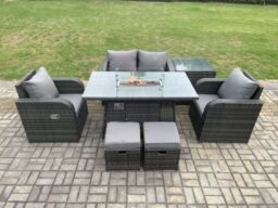 Fimous Rattan Garden Furniture Set Outdoor Patio Gas Fire Pit Dining Table & Chairs with Side Table Loveseat Sofa in Dark Grey - thumbnail 1