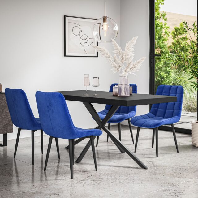 More4Homes Donni Dining Table & Chairs - Black Table Top w Black Legs + Nova Velvet Dining Chair Set Of 6 in Blue - image 1