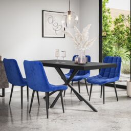 More4Homes Donni Dining Table & Chairs - Black Table Top w Black Legs + Nova Velvet Dining Chair Set Of 6 in Blue