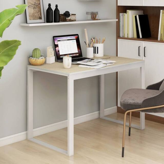 Berkfield Home Computer Desk White & Oak 110x60x73 cm Engineered Wood in Brown - Size: 110 x 60 x 73 cm - image 1